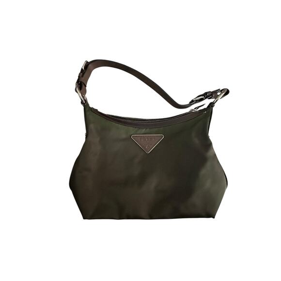 Prada Women khaki Green Brown Leather Trim silver Nylon Hobo Shoulder Bag purse - Picture 11 of 16